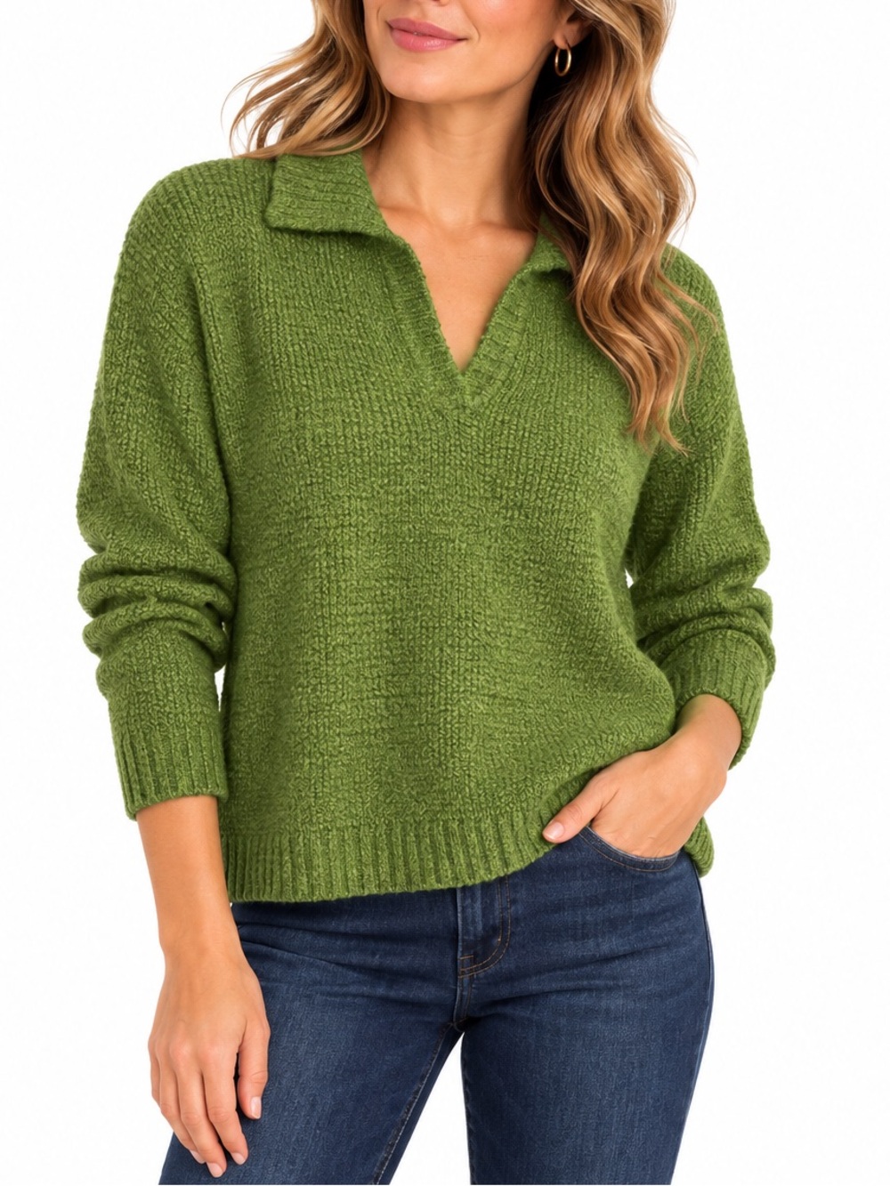 St. John’s Bay Petite PXL Green Collared Sweater Chunky Knit Pullover
